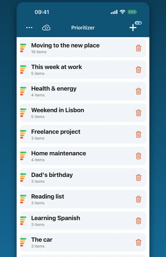 Several lists kept in one place in Prioritizer