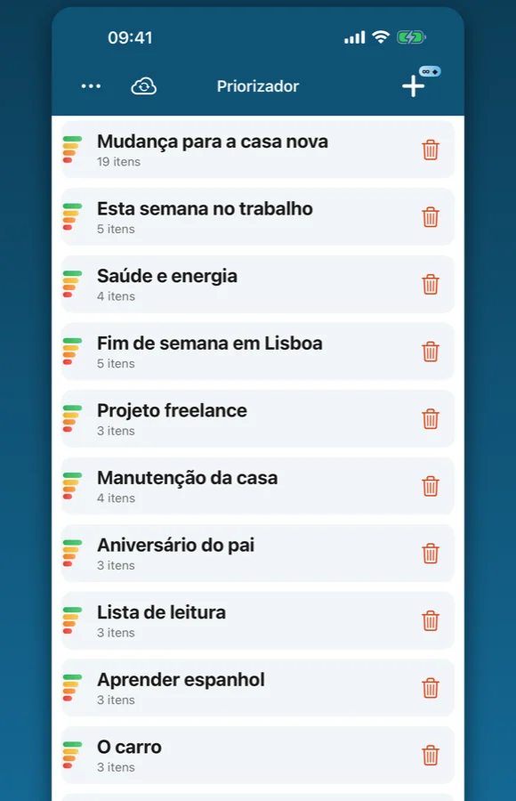 Várias listas guardadas em um só lugar no Priorizador
