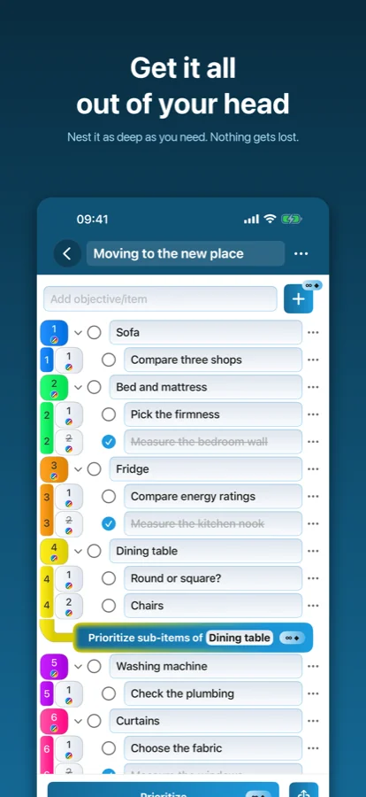 Nested sub-items at any depth in Prioritizer