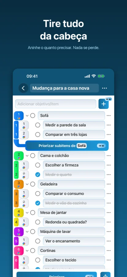 Sub-itens aninhados em profundidade no Priorizador