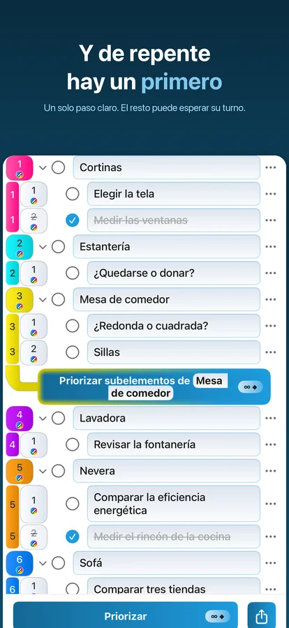 Colores, elementos completados y selección múltiple en Priorizador