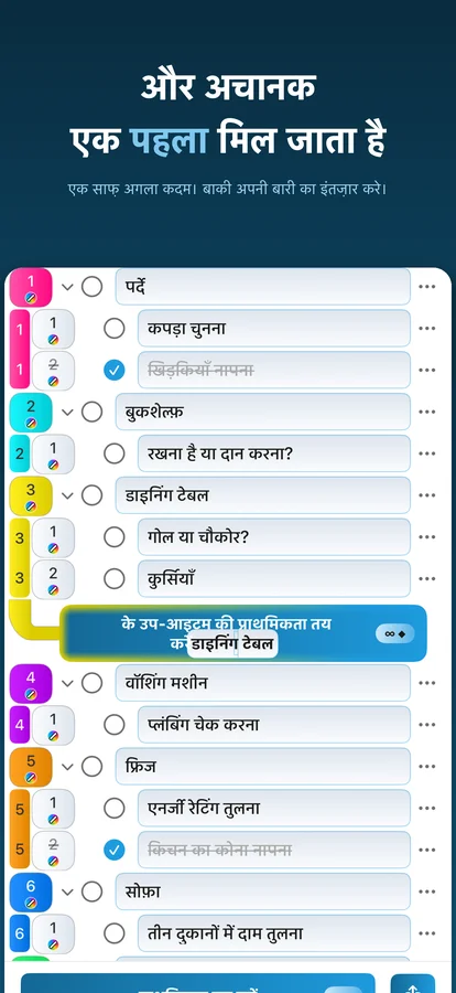 प्रायोरिटाइज़र में रंग, पूरे किए गए आइटम और मल्टी-सेलेक्ट