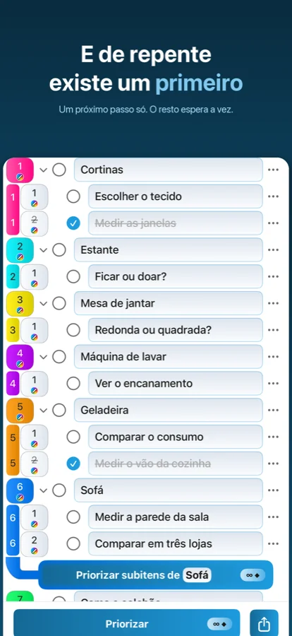Cores, itens concluídos e seleção múltipla no Priorizador