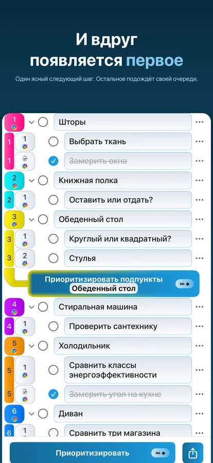 Цвета, выполненные пункты и множественный выбор в Приоритизаторе