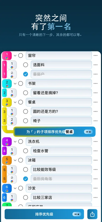 优先排序器中的颜色、已完成项目和多选